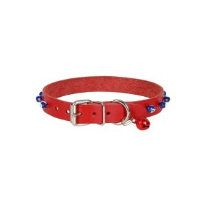 Cattie Boncuklu Deri Kedi Tasması Kırmızı 1,5X29-33Cm