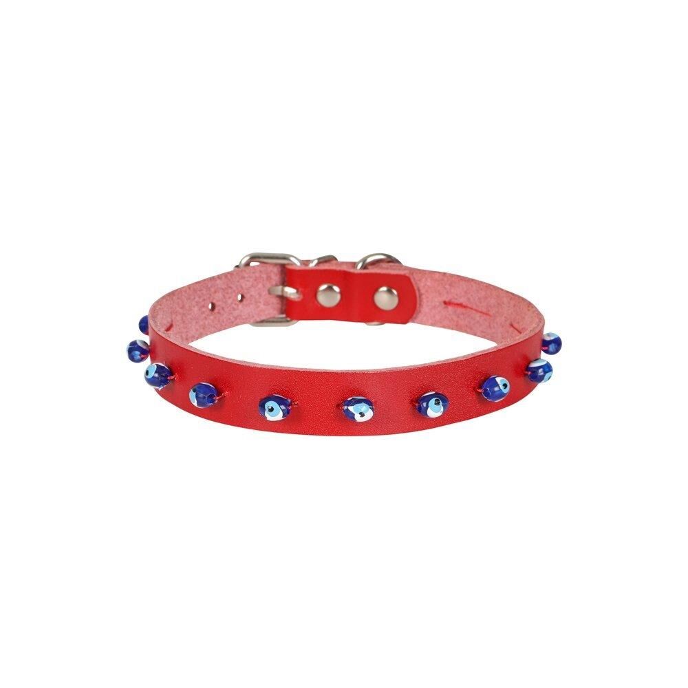 Cattie Boncuklu Deri Kedi Tasması Kırmızı 1,5X26-30Cm