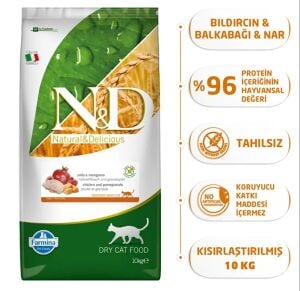 ND Balkabaklı Bıldırcınlı ve Narlı Tahılsız Kısırlaştırılmış Kedi Maması 10kg