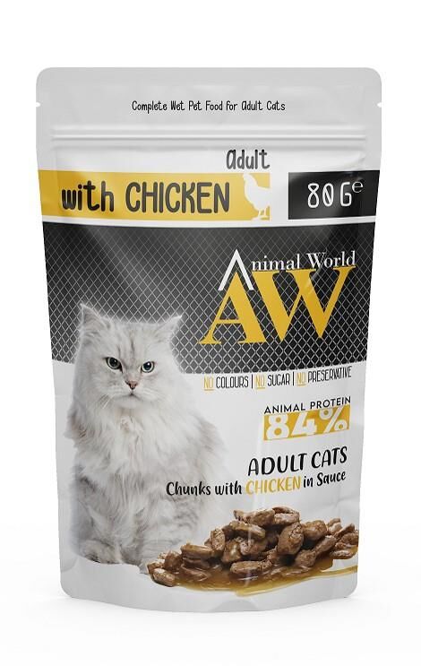 Animal World Pounch Adult Soslu Parça Tavuk Etli Yetişkin Kedi Yaş Mama 80gr