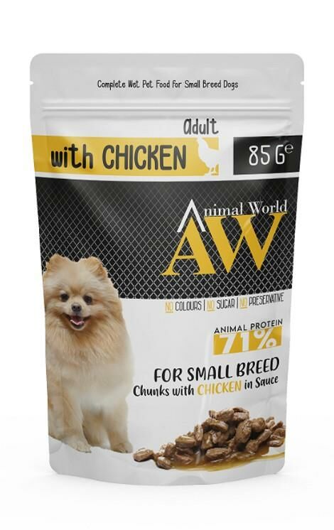 Animal World Pounch Mini Adult Soslu Parça Tavuk Göğsü Etli Küçük Irk Yetişkin Köpek Yaş Mama 85gr