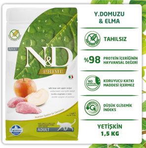 N&D PRIME TAHILSIZ KEDİ YABAN DOMUZU & ELMA YETİŞKİN 1.5KG