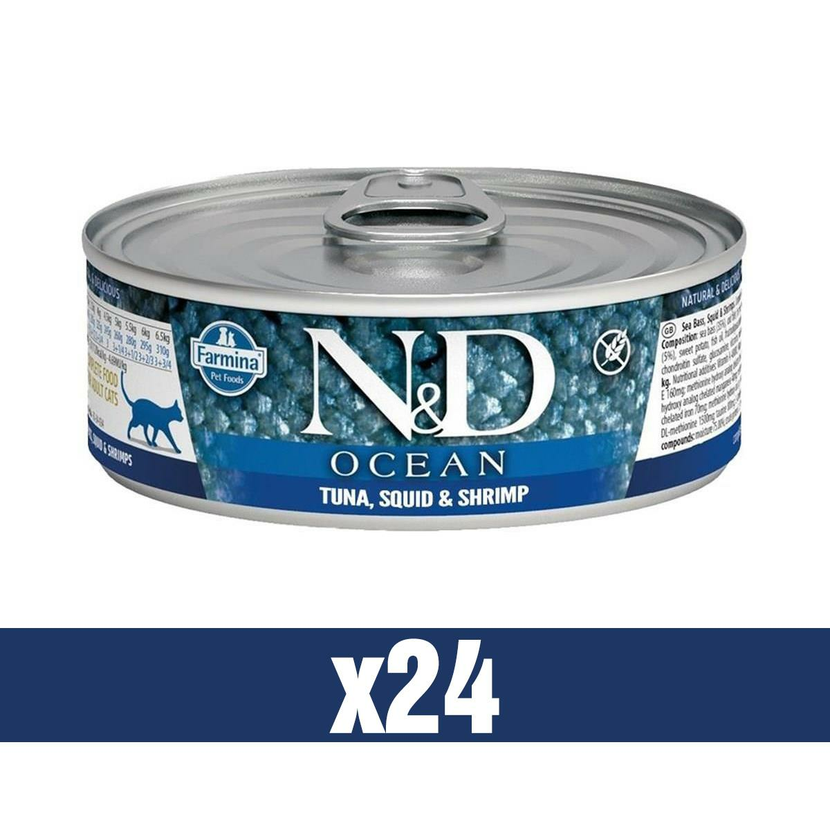 N&D Ocean Ton Balıklı Mürekkep Balıklı ve Karidesli Tahılsız Yetişkin Kedi Konservesi 24x80gr