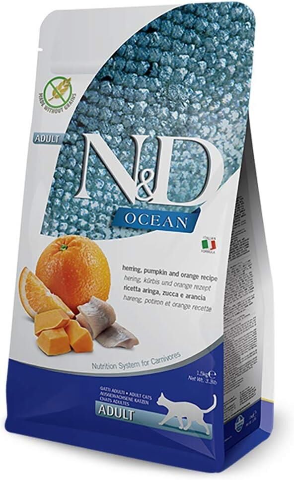 N&D OCEAN KEDİ MORİNA BALIĞI, KILÇIKSIZ BUĞDAY, YULAF & PORTAKAL YETİŞKİN 1.5KG