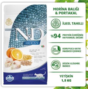 N&D OCEAN KEDİ MORİNA BALIĞI, KILÇIKSIZ BUĞDAY, YULAF & PORTAKAL YETİŞKİN 1.5KG