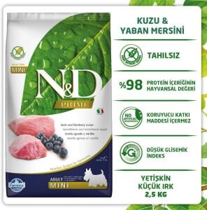 N&D PRIME TAHILSIZ KÖPEK KUZU & YABANMERSİNİ YETİŞKİN MINI 2.5KG