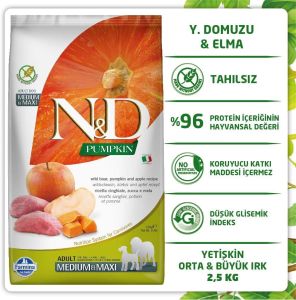 N&DPUMPKIN TAHILSIZ  KÖPEK  YABAN DOMUZU & ELMA YETİŞKİN MEDIUM & MAXI 2.5KG