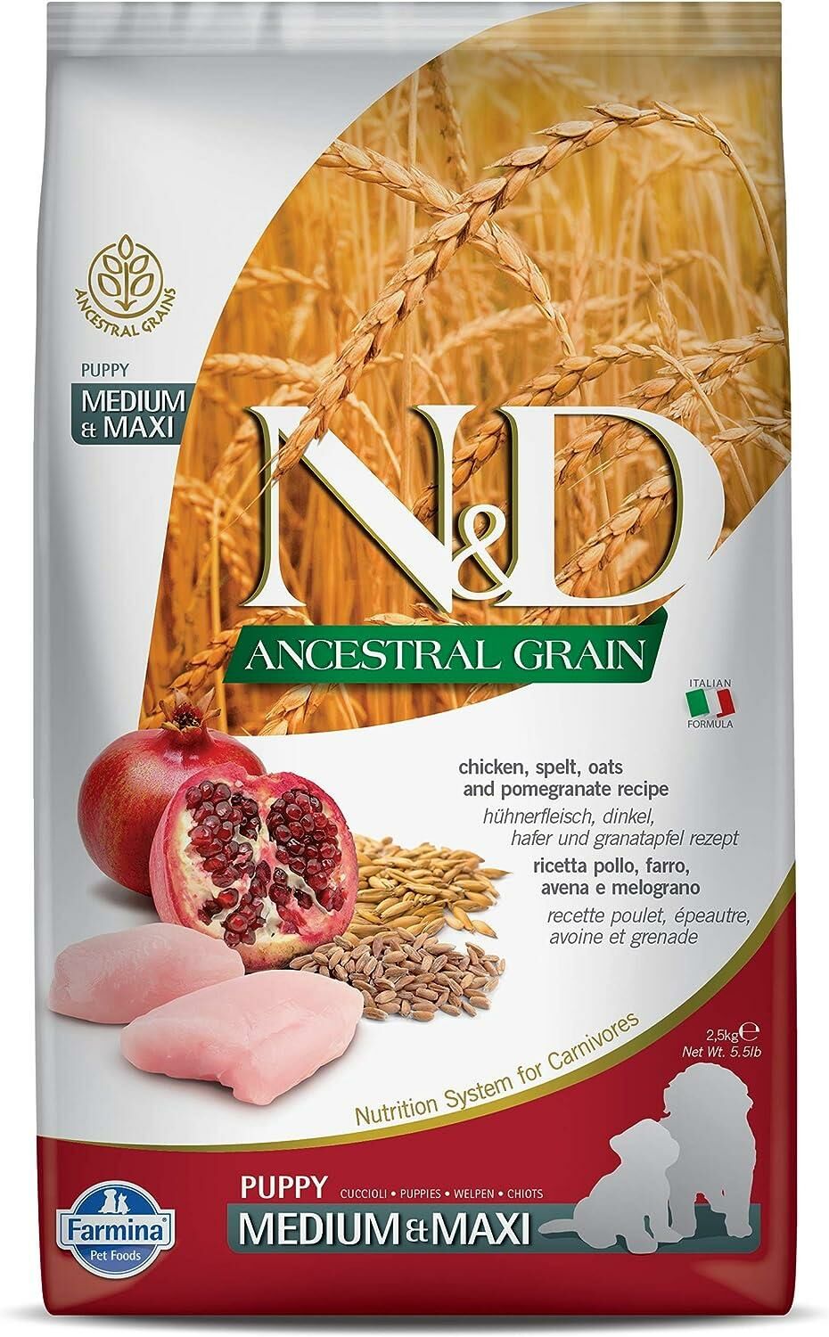 N&D ANCESTRAL GRAIN KÖPEK TAVUK, KILÇIKSIZ BUĞDAY, YULAF & NAR PUPPY MEDIUM & MAXI 2.5KG