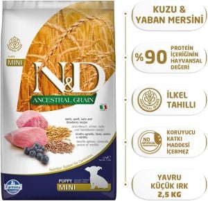 N&D Kuzu Etli Yaban Mersinli Küçük Irk Düşük Tahıllı Yavru Köpek Maması 2.5kg