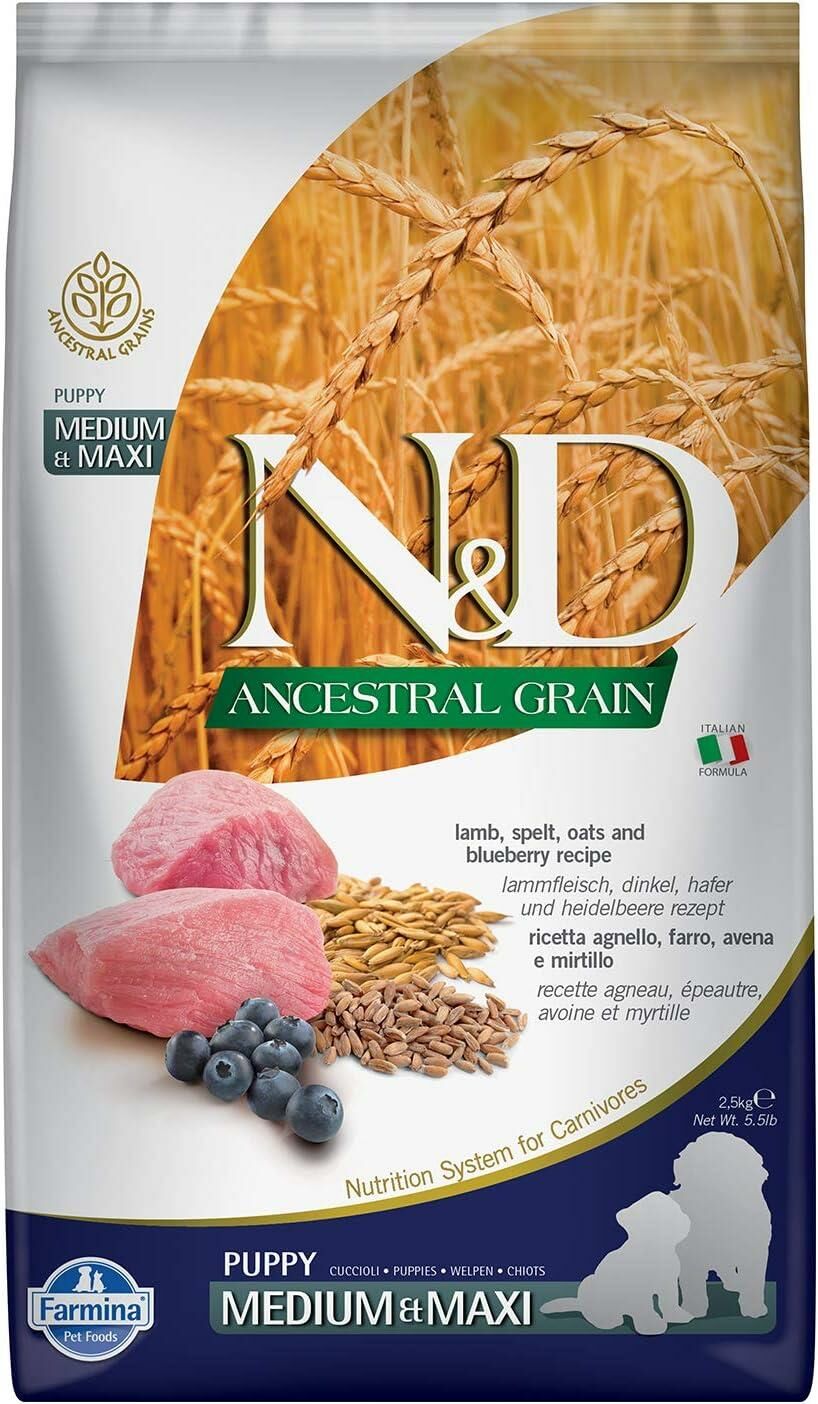 N&D Kuzu Etli ve Yaban Mersinli Orta ve Büyük Irk Düşük Tahıllı Yavru Köpek Maması 2.5kg