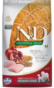 N&D ANCESTRAL GRAIN KÖPEK TAVUK, KILÇIKSIZ BUĞDAY, YULAF & NAR YETİŞKİN MEDIUM & MAXI 2.5KG