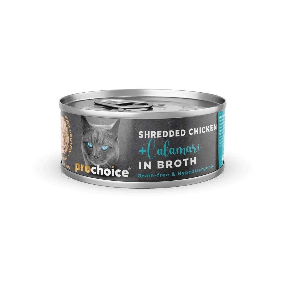 PROCHOICE DELUXE SHREDED CHICKEN & CALAMAR IN BROTH CAT 70GR