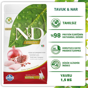 N&D Prime Kitten Tavuklu ve Narlı Tahılsız Yavru Kedi Maması 1.5kg