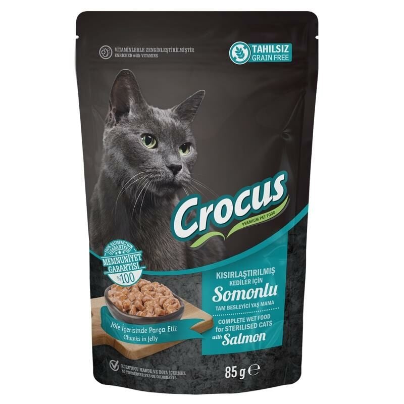 Crocus Pouch Tahılsız Jöleli Somonlu Kısırlaştırılmış Kedi Yaş Maması 85gr