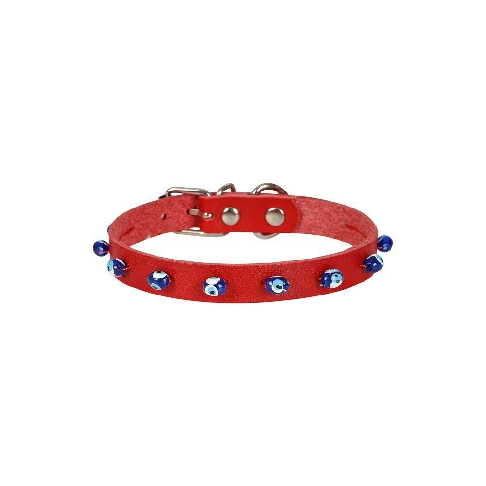 Cattie Boncuklu Deri Kedi Tasması Kırmızı 1,2X23-27Cm